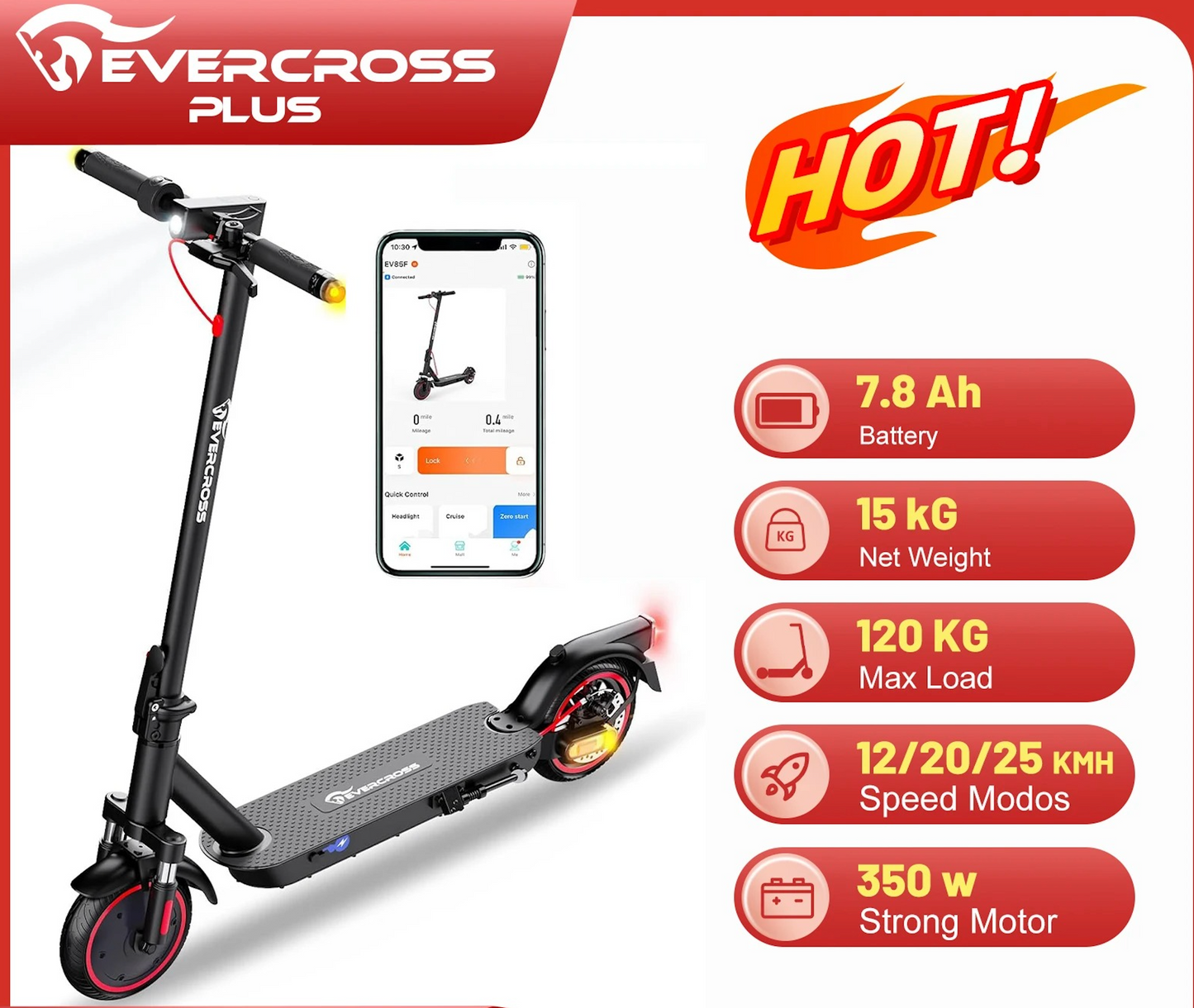 EV85F Electric Scooter – 8.5" Foldable E-Scooter, App Control, 350W Motor, 7.8AH Battery, Dual Brakes, Perfect for Adults, EVERCROSS PRO