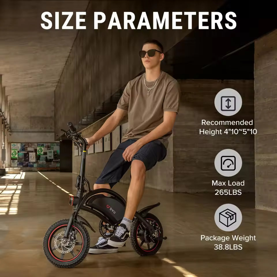 DYU D3F Electric Bike 14" Portable E-Bike 36V 10AH Lithium Battery 25km/h 60km 15° Climbing Ability Dual Disc Spring Shock, EB-012