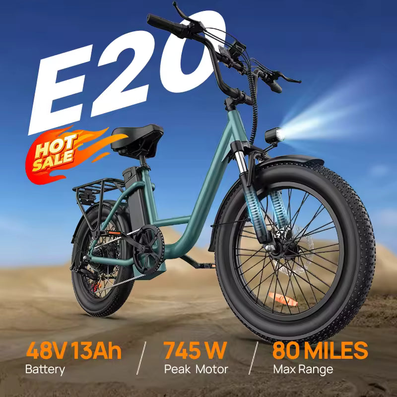 URLIFE E20 Adult E-Bike 250W 48V 13Ah Battery Commute Electric Bike 20-inch Fat Tire City E-Bike, EB-02