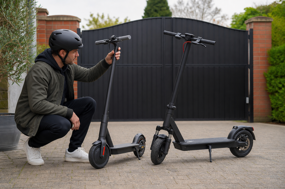 Helmeted adult comparing two electric scooters on a gated private driveway in the UK