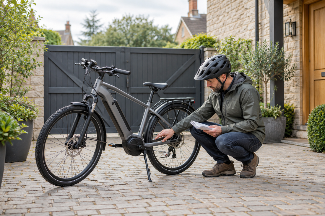 Helmeted adult checking an e-bike on a private UK driveway for a 500W legality guide