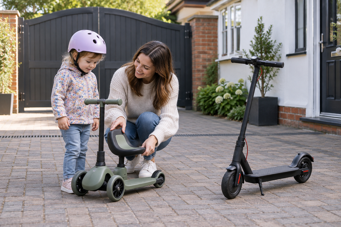Parent supervising a child beside a seated scooter and standing kids electric scooter on a private UK driveway