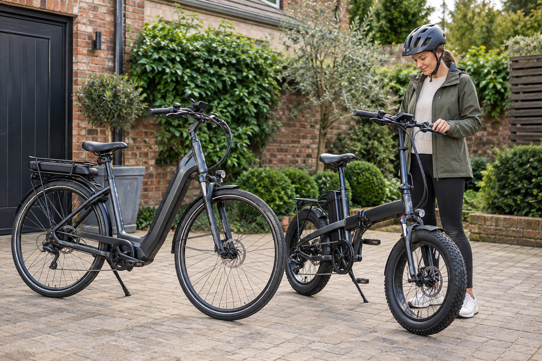 Adult comparing two electric bikes on a private UK driveway before choosing the right type