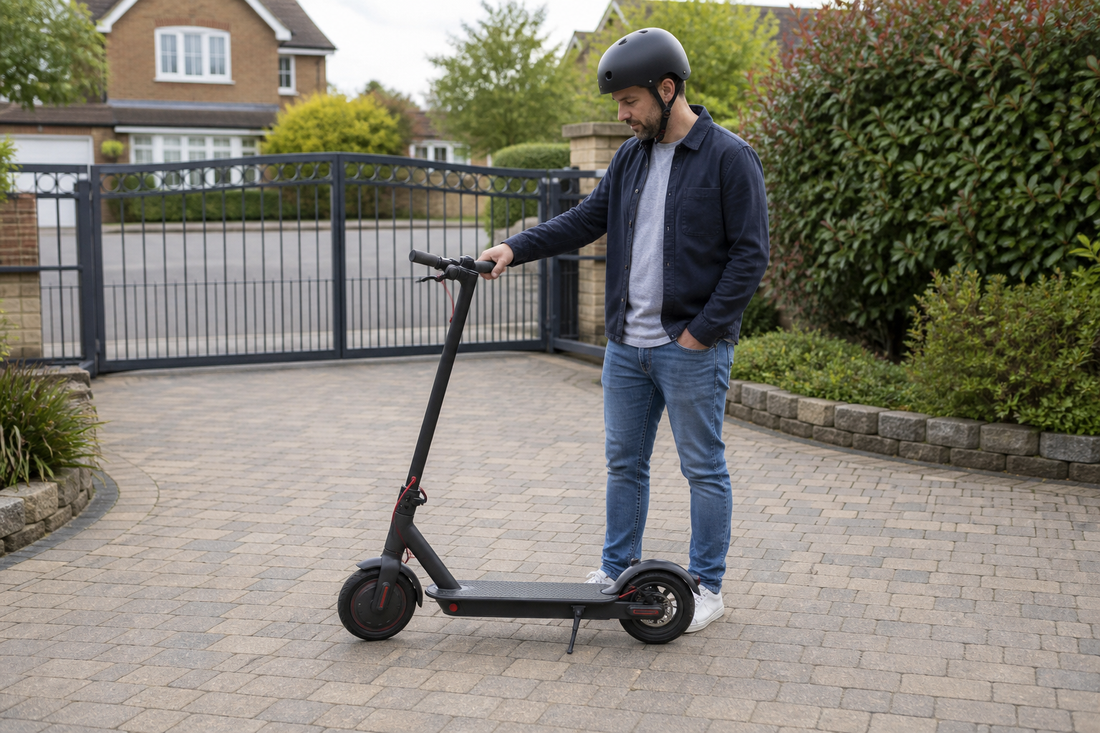 Helmeted adult comparing an electric scooter on a gated private driveway in the UK