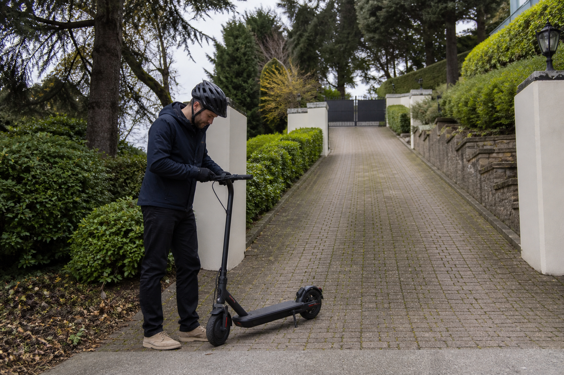 Helmeted adult checking an electric scooter on a gated private sloped driveway in the UK