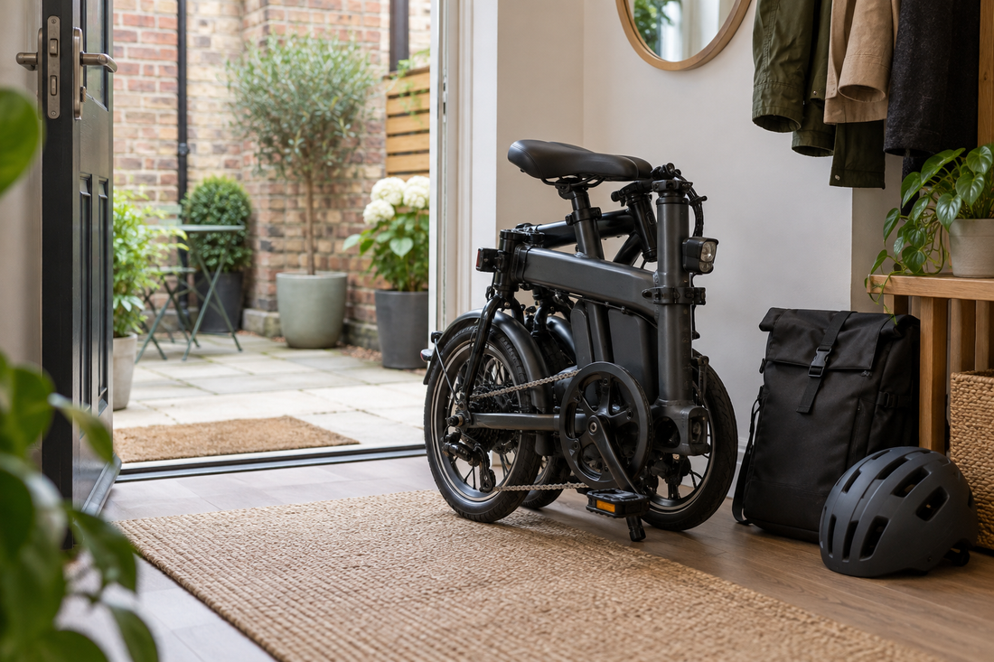 Folded electric bike beside a helmet in a small UK hallway for commuting and storage