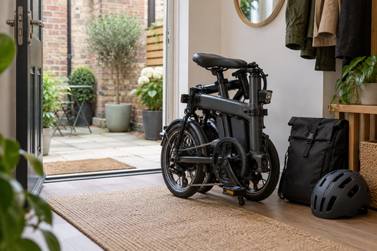 Folded electric bike beside a helmet in a small UK hallway for commuting and storage