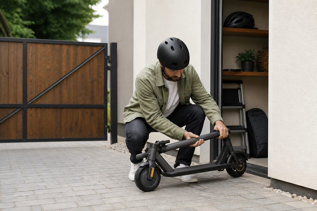 Helmeted adult folding an electric scooter beside a private driveway storage space in the UK