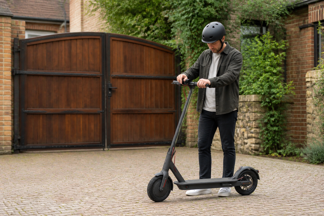 Helmeted adult checking an electric scooter on a gated private driveway in the UK