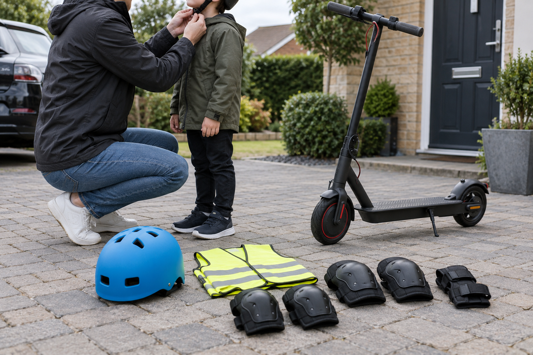 Parent fitting a child's helmet beside protective pads and a kids electric scooter on a private UK driveway