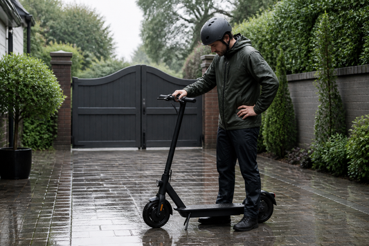 Helmeted adult checking an electric scooter on a wet private driveway in the UK