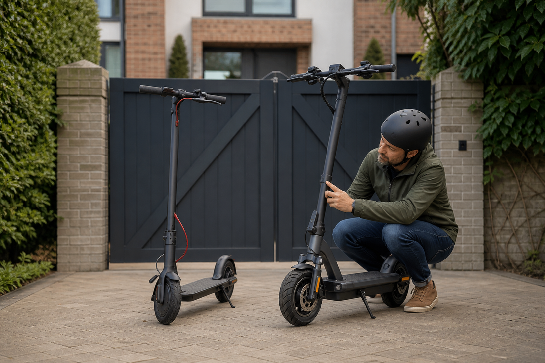 Helmeted adult comparing cheap and premium electric scooters on a private driveway in the UK