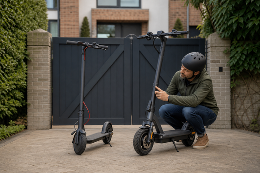 Helmeted adult comparing cheap and premium electric scooters on a private driveway in the UK