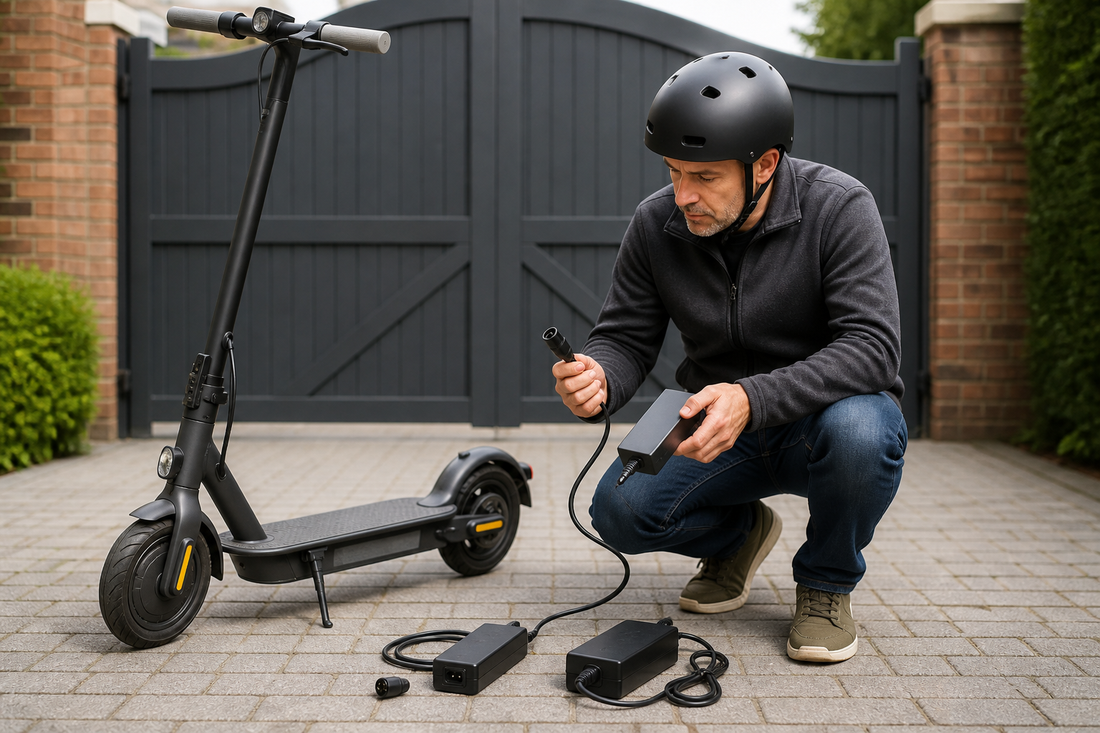 Helmeted adult comparing replacement electric scooter chargers on a private UK driveway