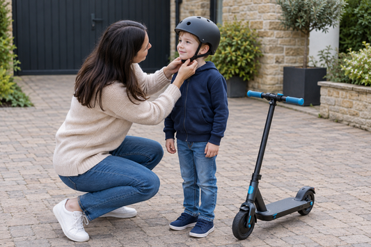 Parent fitting a child's helmet beside a kids electric scooter on a private UK driveway