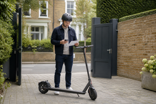 Helmeted adult reviewing paperwork beside an electric scooter on private land in the UK
