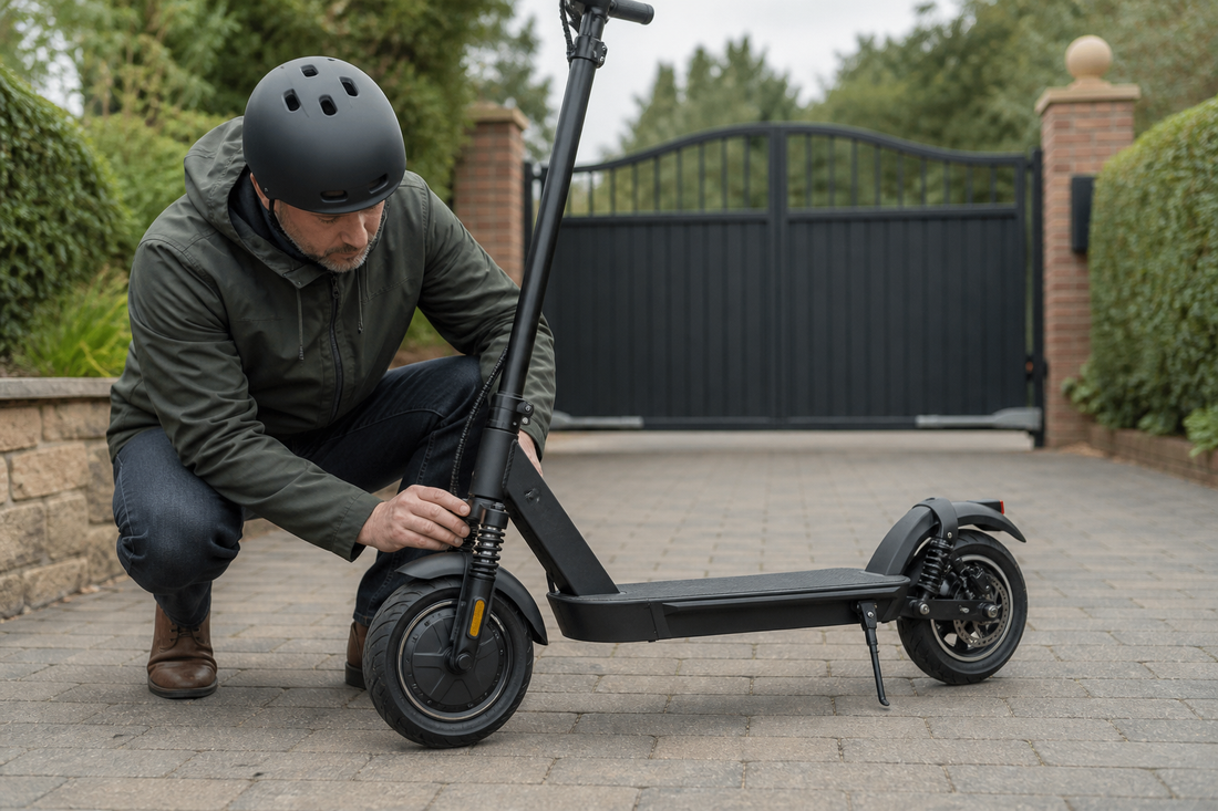 Helmeted adult checking electric scooter suspension on a gated private driveway in the UK