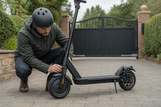 Helmeted adult checking electric scooter suspension on a gated private driveway in the UK