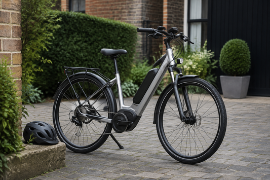 Adult electric bike with helmet on a private UK driveway for an EAPC law guide
