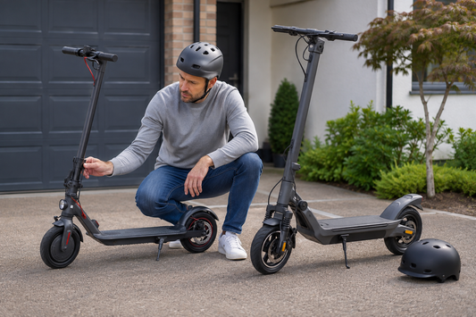 Adult comparing two electric scooters on a private UK driveway before buying