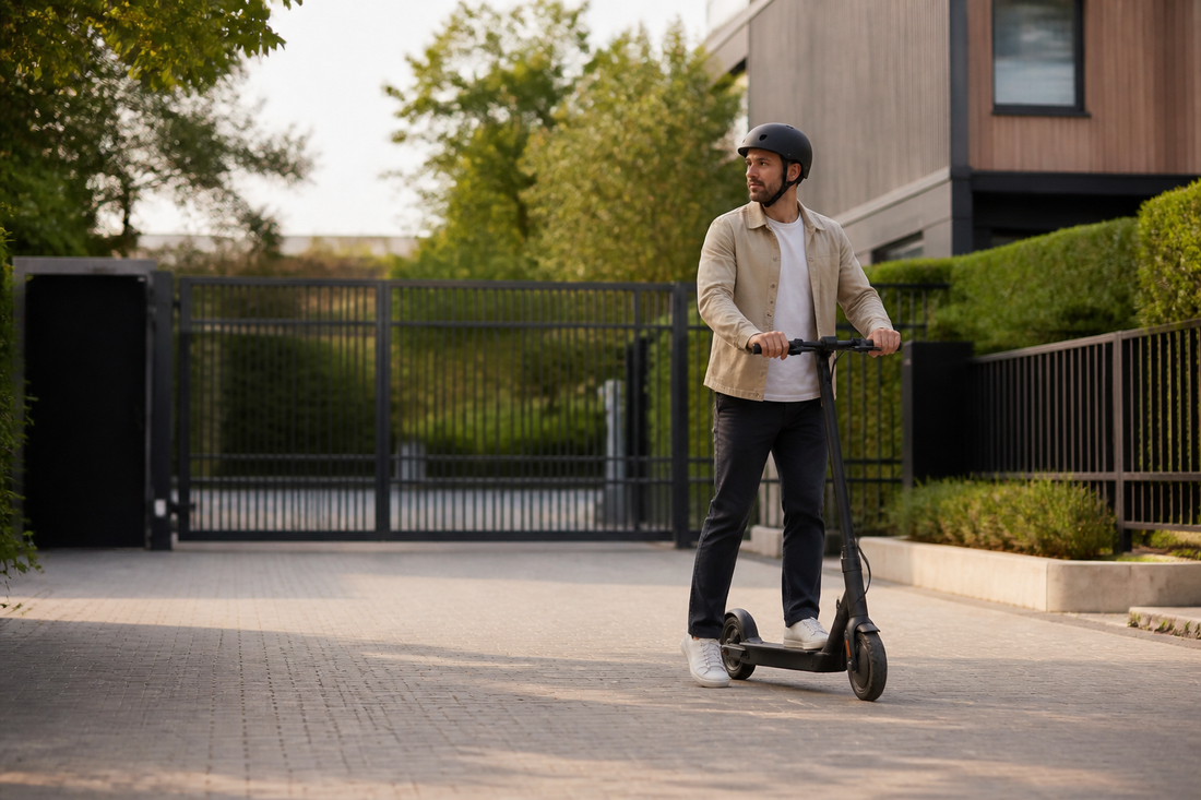 Helmeted adult standing with an electric scooter on private land in the UK
