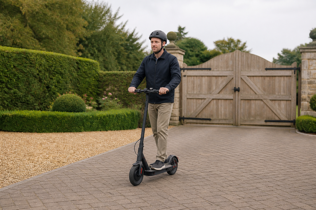 Adult wearing a helmet riding an electric scooter on private land in the UK