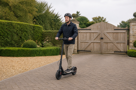 Adult wearing a helmet riding an electric scooter on private land in the UK