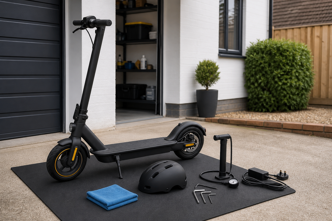 Adult electric scooter maintenance setup on a private UK driveway with helmet, pump and tools