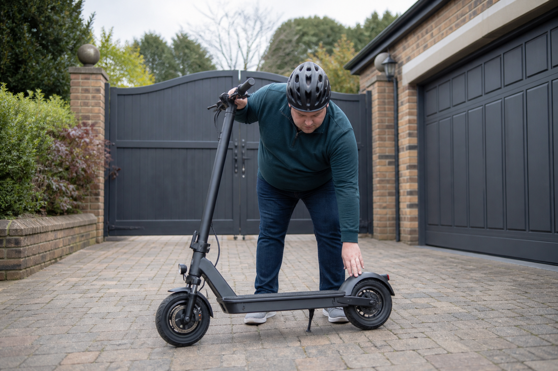 Helmeted larger adult checking an electric scooter on a gated private driveway in the UK