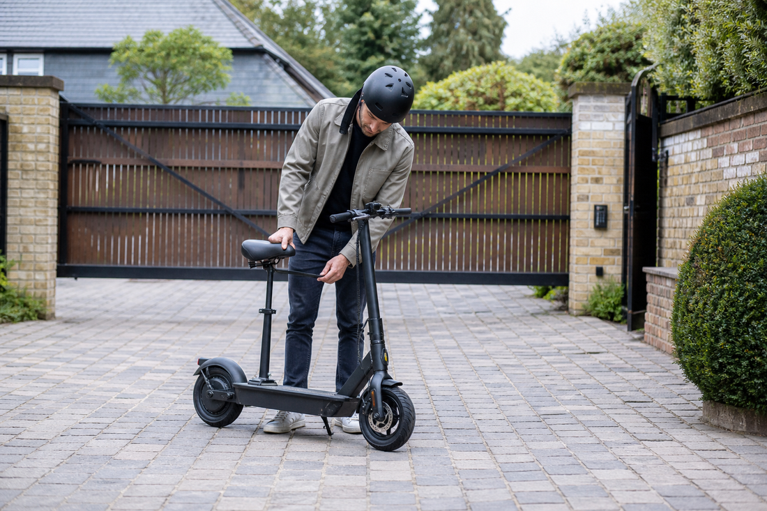 Helmeted adult checking the seat on an electric scooter on a gated private driveway in the UK