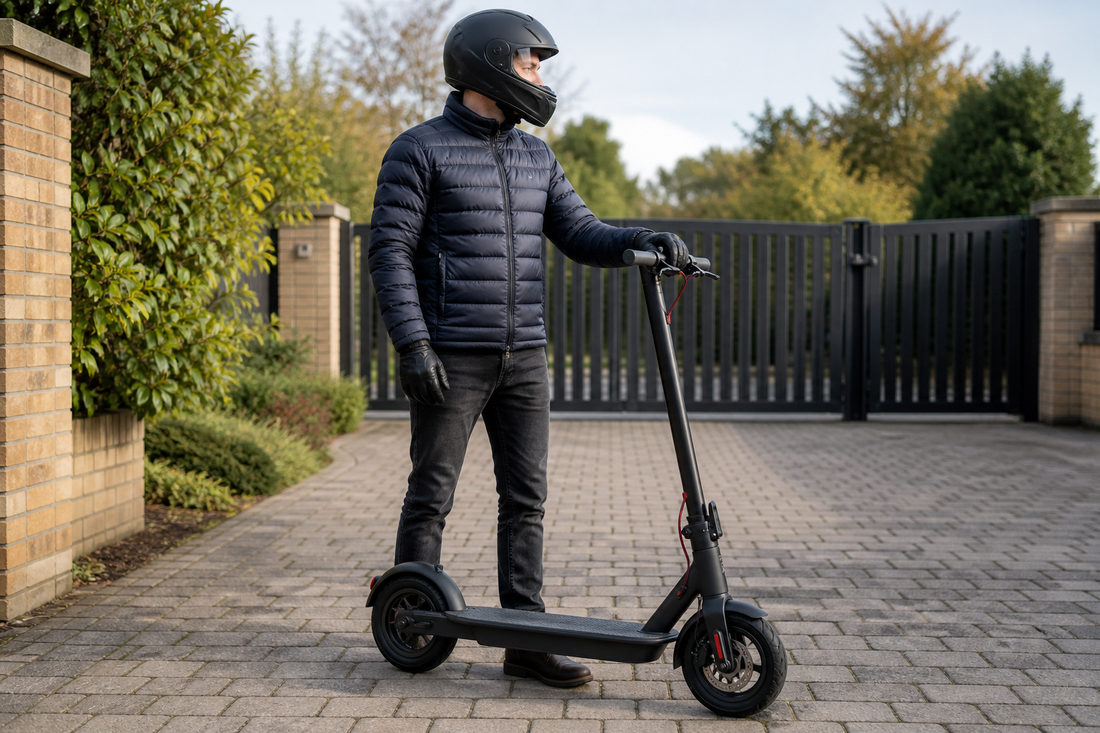 Helmeted adult checking the brake of an electric scooter on a gated private driveway in the UK