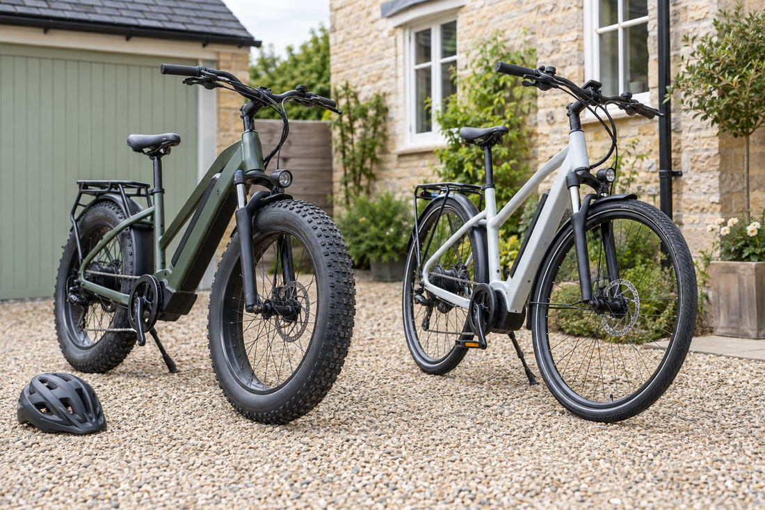 Fat-tyre and standard-tyre electric bikes side by side on a private UK driveway