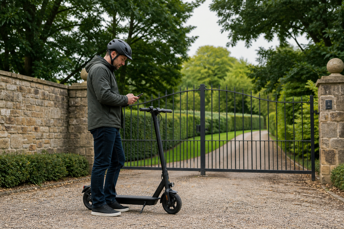 Helmeted adult checking an electric scooter route on private land in the UK