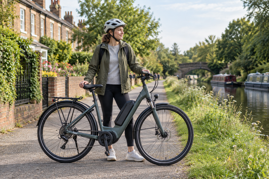 Adult with an electric bike on a quiet UK canal-side cycle route