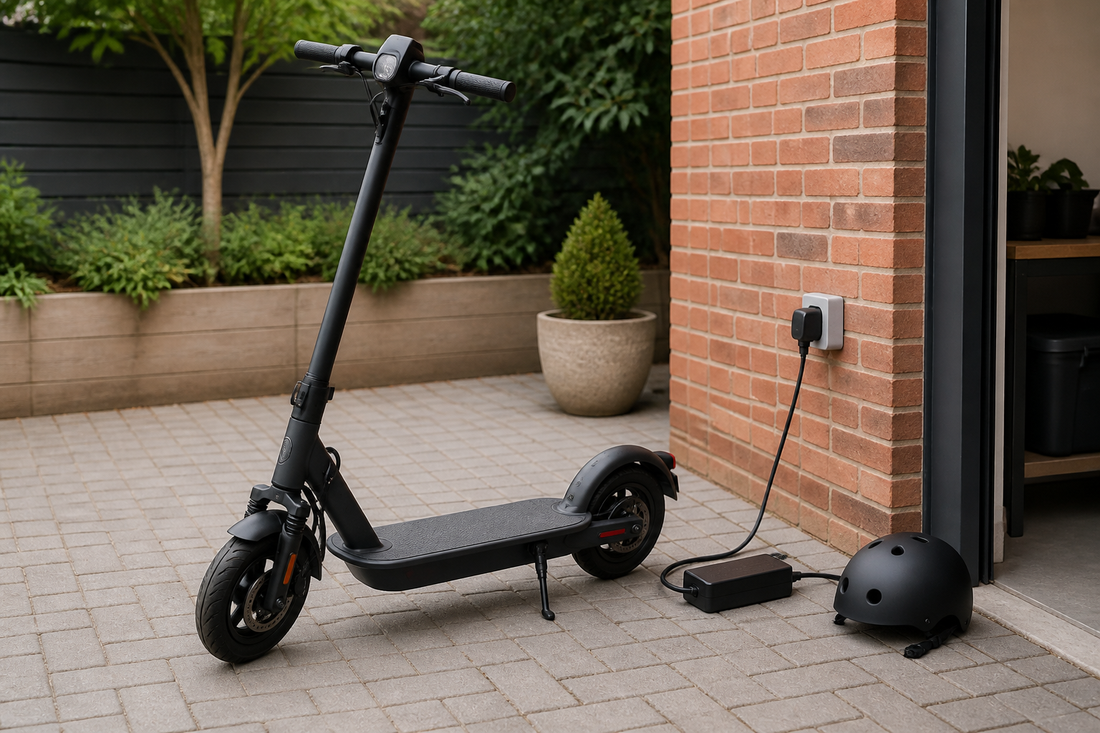 Adult electric scooter charging safely on private property in the UK
