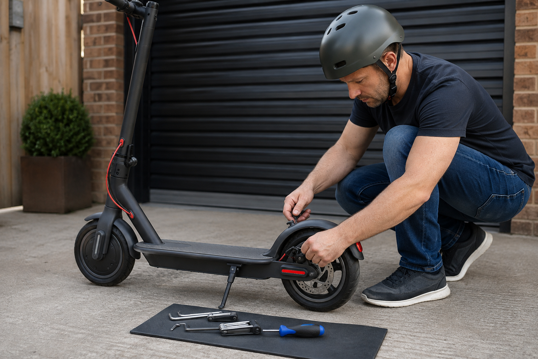 Helmeted adult adjusting electric scooter brakes on a private UK driveway