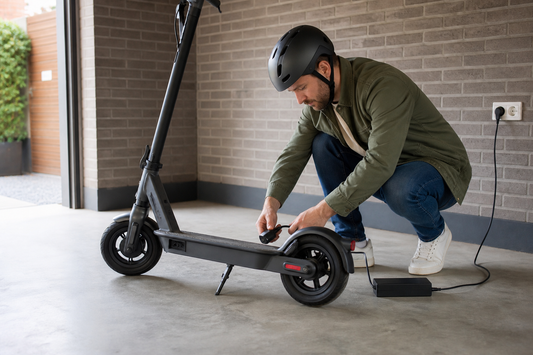 Helmeted adult checking an electric scooter charger on private property in the UK