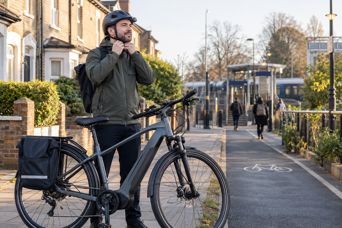 Adult commuter with an electric bike on a quiet UK street near a station