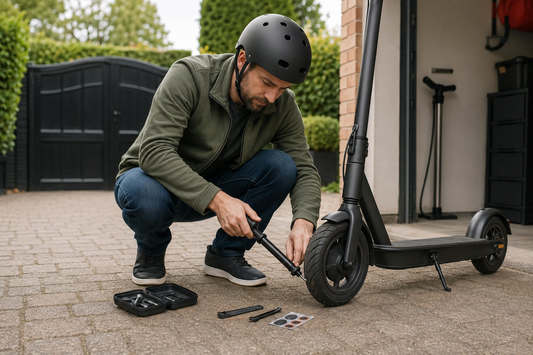 Helmeted adult fixing an electric scooter tyre puncture on a private UK driveway