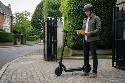 Helmeted adult reading a notice beside an electric scooter on private land in the UK