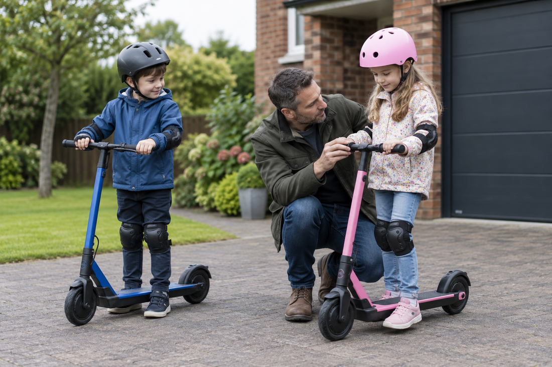 Parent supervising helmeted children beside kids electric scooters on a private UK driveway