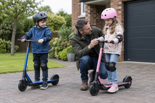 Parent supervising helmeted children beside kids electric scooters on a private UK driveway