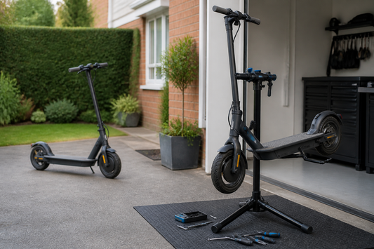 Electric scooter on a repair stand in a private UK garage with tools and replacement scooter nearby