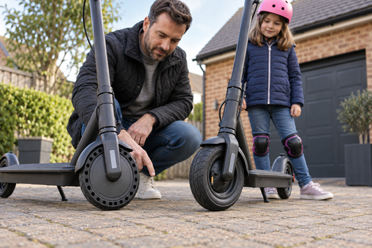 Parent comparing solid and air-filled tyres on kids electric scooters on a private UK driveway
