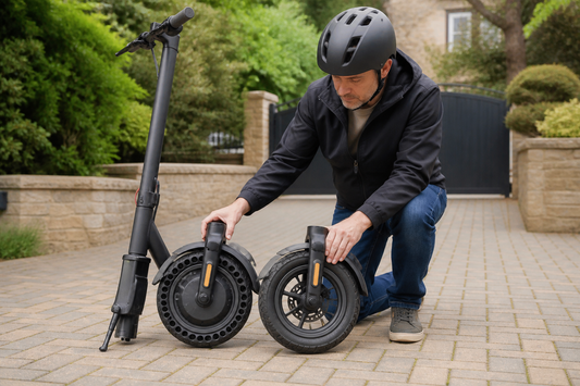 Helmeted adult comparing solid and pneumatic electric scooter tyres on a gated private driveway in the UK