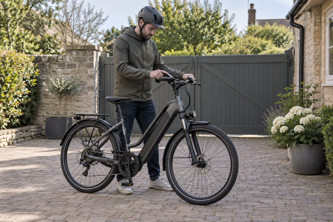 Helmeted adult checking the throttle controls on an e-bike on a private UK driveway