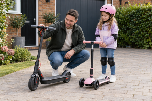 Parent comparing two-wheel and three-wheel children's scooters on a private UK driveway