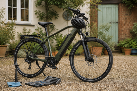Adult e-bike with helmet on a private UK driveway for a 250W and 15.5mph EAPC guide