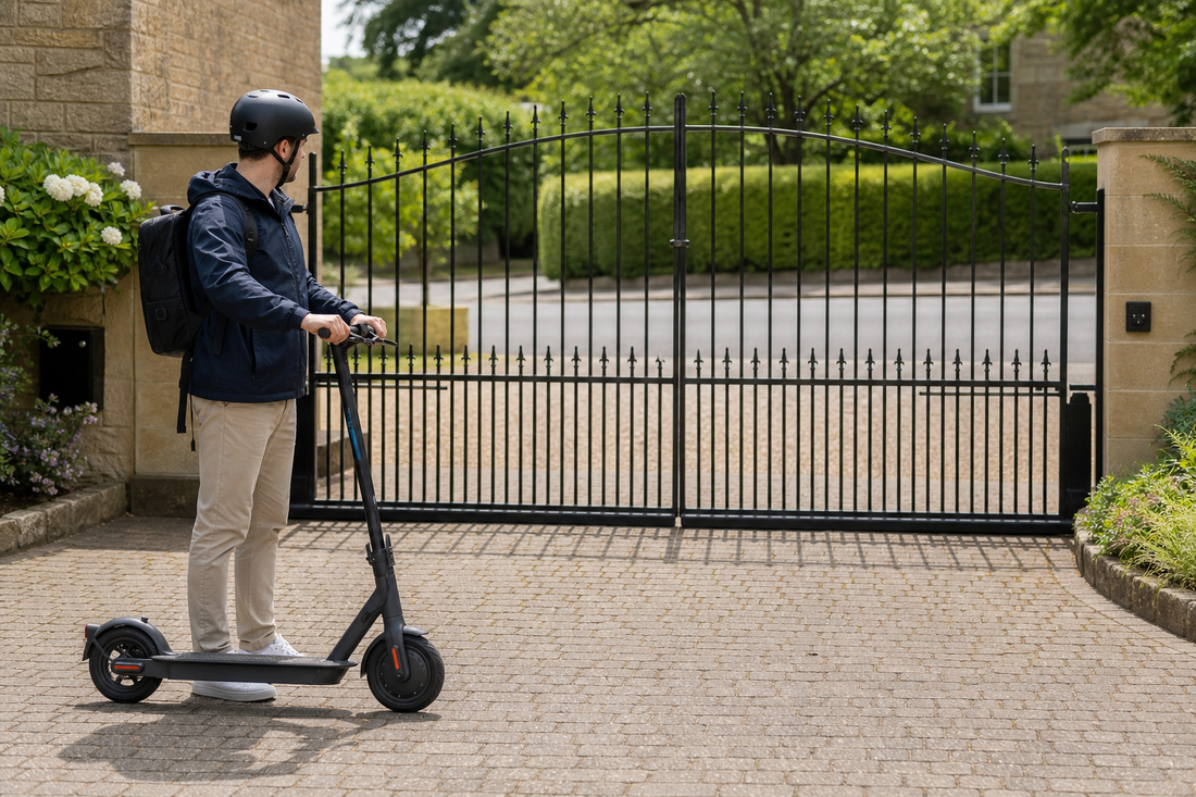 Helmeted adult standing with an electric scooter inside a gated private driveway in the UK