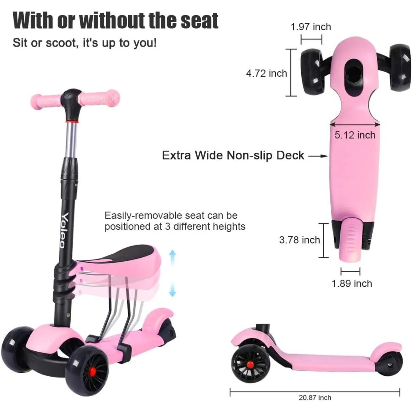 3-in-1 Kids Three-Wheel Kick Scooter – LED Flashing Wheels, Height Adjustable, Lightweight Design for Ages 2-8